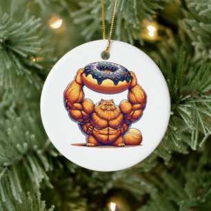 Muscular Cat Lifting Doughnut Ceramic Ornament