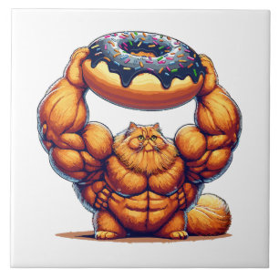 Muscular Cat Lifting Doughnut Ceramic Tile