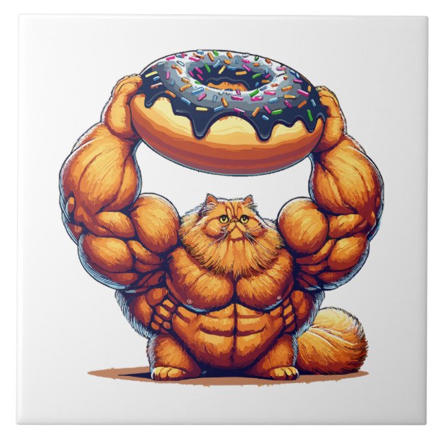 Muscular Cat Lifting Doughnut Ceramic Tile (Front)