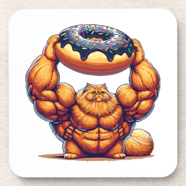 Muscular Cat Lifting Doughnut Coaster (Front)