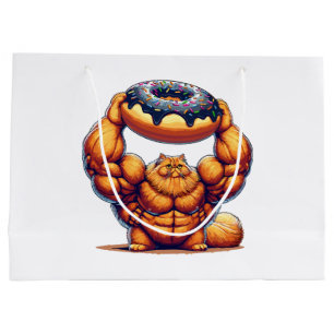 Muscular Cat Lifting Doughnut Large Gift Bag