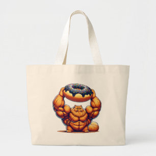 Muscular Cat Lifting Doughnut Large Tote Bag