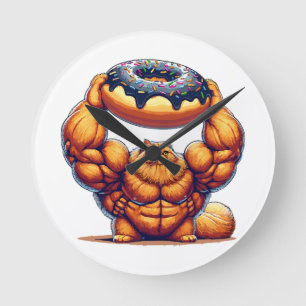 Muscular Cat Lifting Doughnut Round Clock