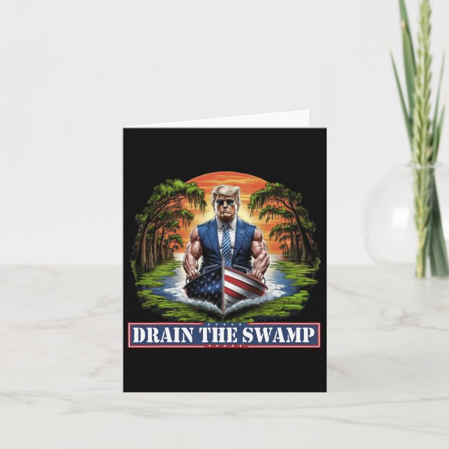 Muscular Donald Trump American Flag Boat Drain The Card (Front)