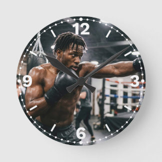 Muscular Male Boxer Punching Gym Decor Round Clock