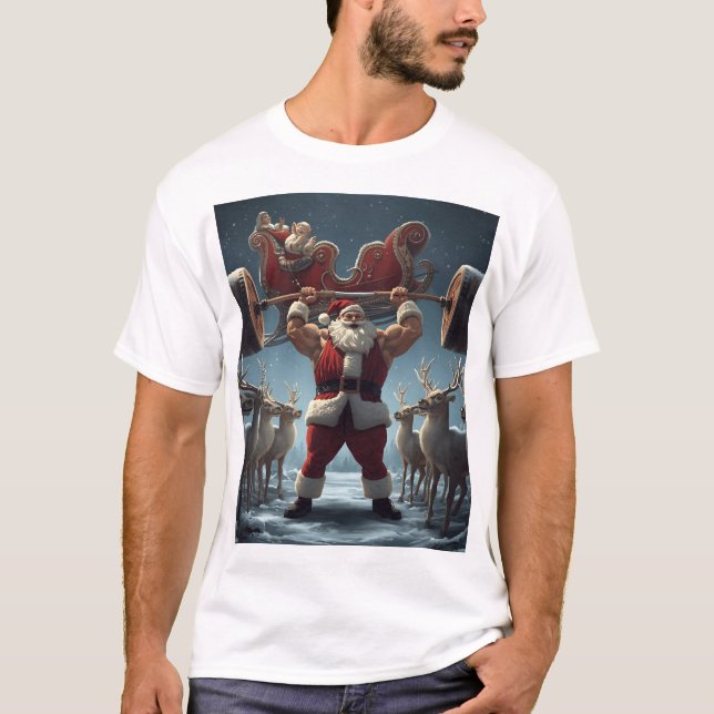 Muscular Santa Lifting Reindeer – Funny Christmas  T-Shirt (Front)