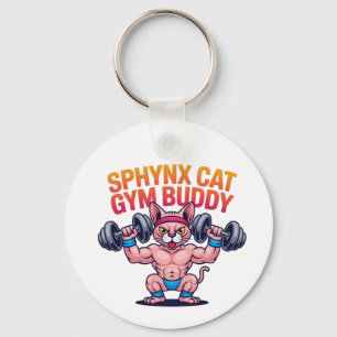 Muscular Sphynx Cat Gym Buddy Cartoon Key Ring