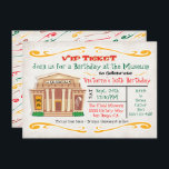 Museum Birthday Party Invitation Ticket<br><div class="desc">Cute and funky children's Museum birthday party invitation. Features a old museum with dinosaur,  scroll work and fun colourful fonts.
Great for a boy or girl birthday. Perfect for a sleepover theme too. Hand drawn illustration by McBooboos</div>