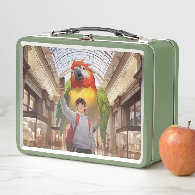 Museum Gaze: Giant Scarlet Macaw Parrot Selfie Metal Lunch Box (In Situ)