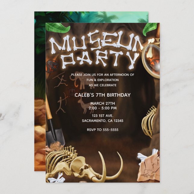 MUSEUM PARTY Dinosaur Bones Mystery Cave Birthday Invitation (Front/Back)