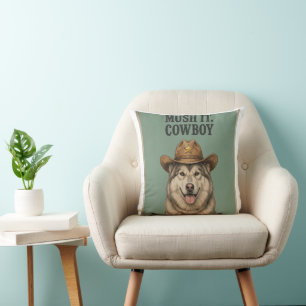 "Mush It, Cowboy" Pillow Husky with cowboy hat