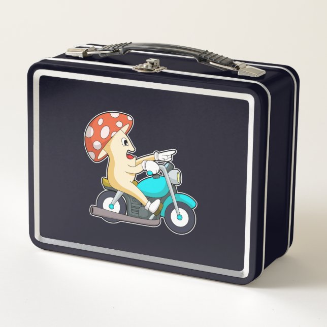Mushroom as Biker with Motorcycle Metal Lunch Box (Front)