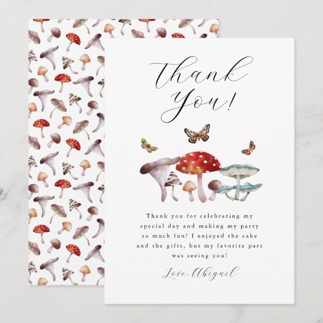 Mushroom Birthday Party   Thank You Card (Front/Back)