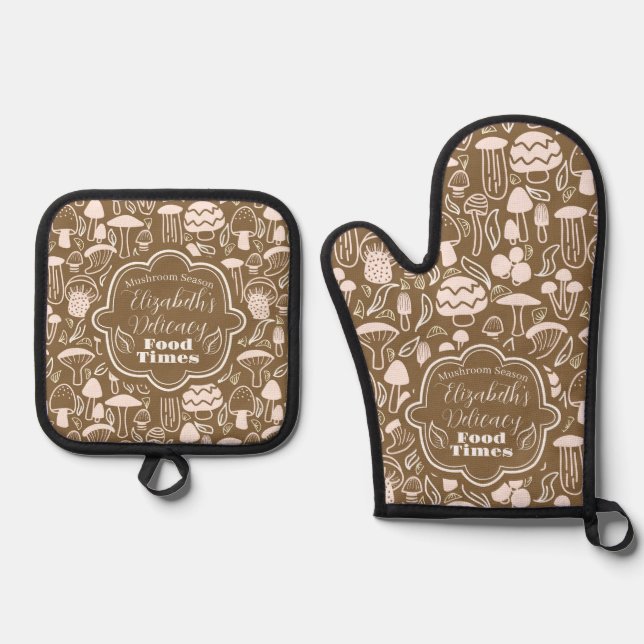 Mushroom Brown Cream Oven Mitt & Pot Holder Set (Front)