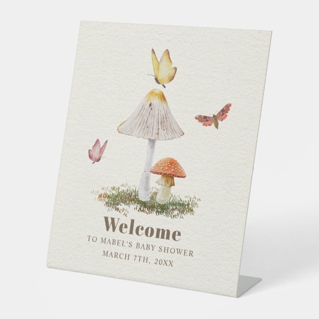 Mushroom Butterflies Woodland Nature Baby Shower P Pedestal Sign (Front)