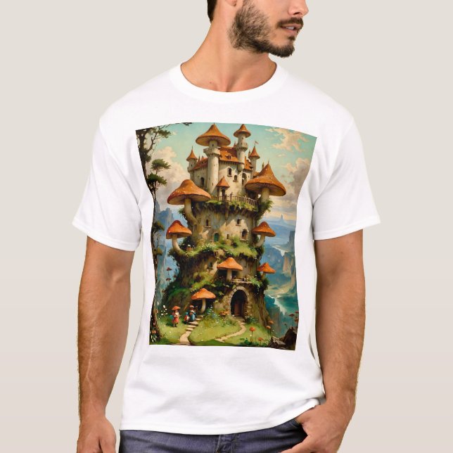Mushroom Castle Fantasy Art Whimsical T-Shirt Desi (Front)