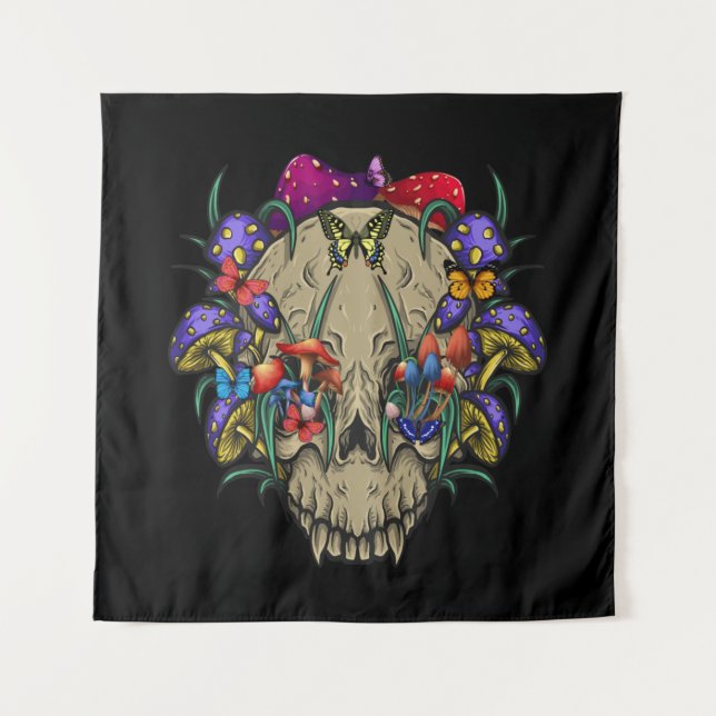 Mushroom Clothing Mushroom Collector Skull Graphic Tapestry (Front)