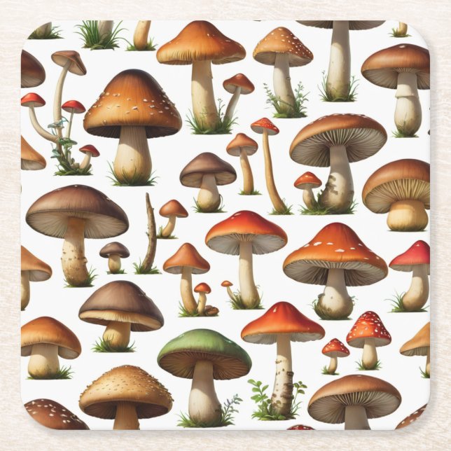 Mushroom Collection Pattern Design Square Paper Coaster (Front)