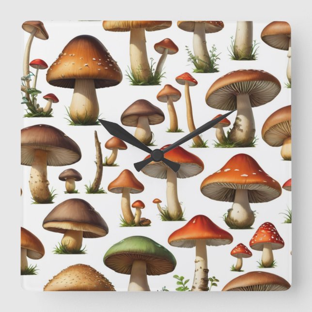 Mushroom Collection Pattern Design Square Wall Clock (Front)
