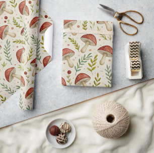 Mushroom Cottagecore Pattern in Earthy Tones Wrapping Paper