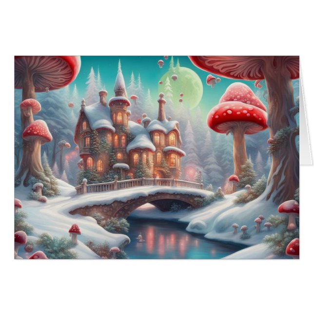 Mushroom Fairy Cottage Greeting Holiday Card (Front Horizontal)