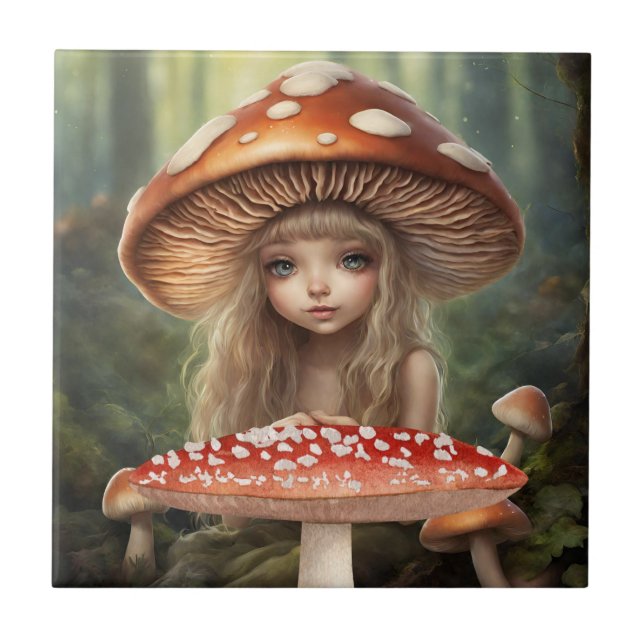 Mushroom Fairy Fantasy World Forest Illustration  Ceramic Tile (Front)