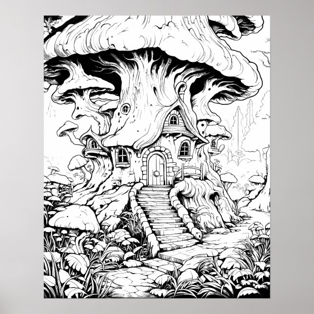 Mushroom Fairy House Fantasy Colouring Poster (Front)
