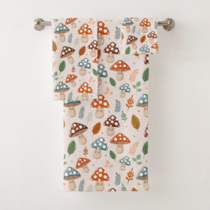 Mushroom, Fall foliage, Nature Patten  Bath Towel Set