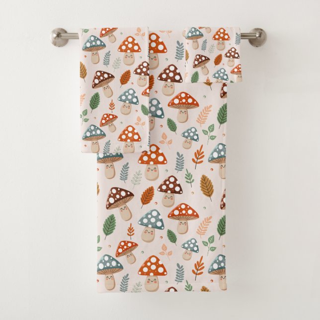 Mushroom, Fall foliage, Nature Patten  Bath Towel Set (Insitu)