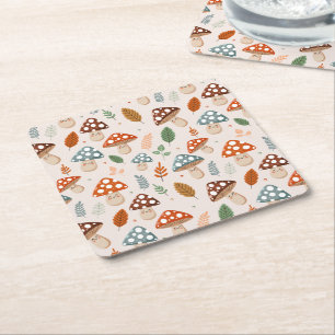 Mushroom, Fall foliage, Nature Patten  Square Paper Coaster