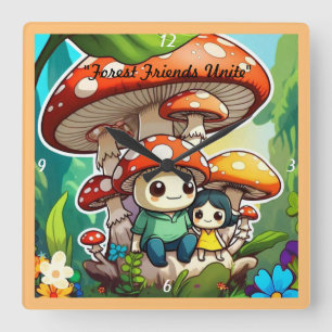 "Mushroom Family Life" Square Wall Clock
