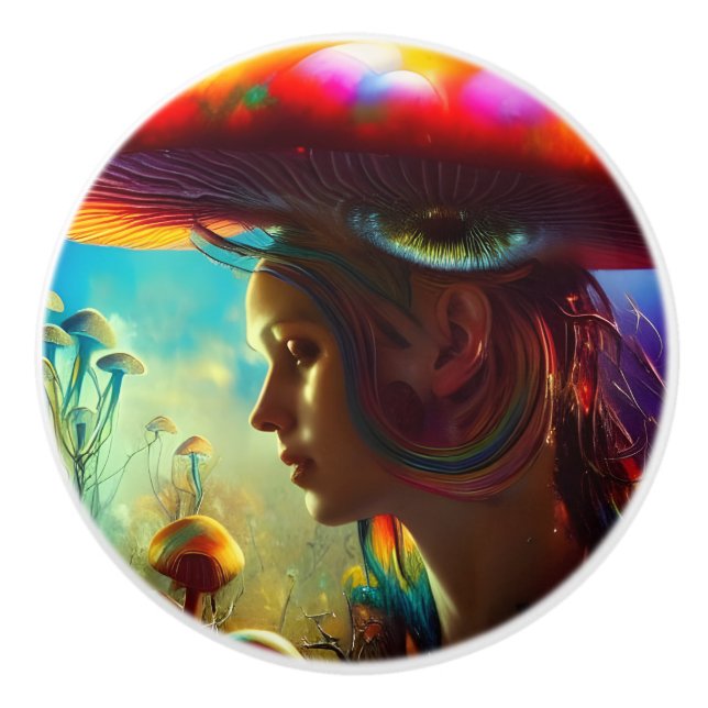 Mushroom Fantasies AI Generated Art  Ceramic Knob (Front)