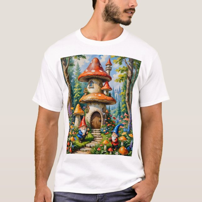Mushroom Fantasy Gnome House Whimsical Art T-Shirt (Front)