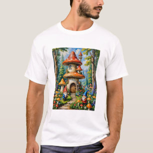 Mushroom Fantasy Gnome House Whimsical Art T-Shirt