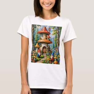 Mushroom Fantasy Gnome House Whimsical Art T-Shirt
