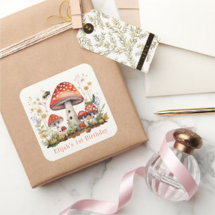Mushroom Floral Bee Worm Boy Birthday Square Sticker
