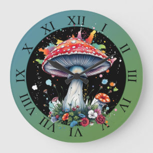 Mushroom Flowers Woodland Colourful Splash Large Clock