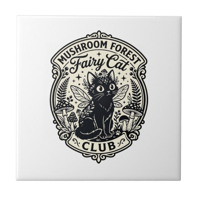 Mushroom Forest Fairy Cat Funny Cat Graphic - Mush Ceramic Tile (Front)