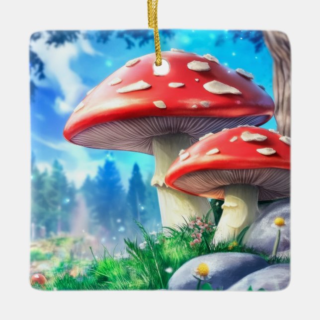 Mushroom Forest Fantasy Art Ceramic Ornament (Front)