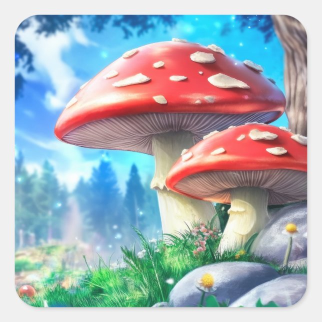 Mushroom Forest Fantasy Art Square Sticker (Front)