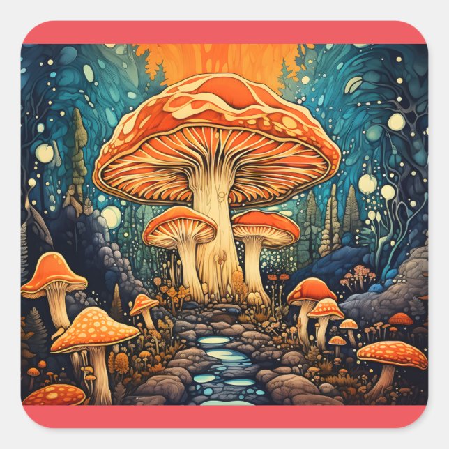 mushroom forest vivid colour square sticker (Front)