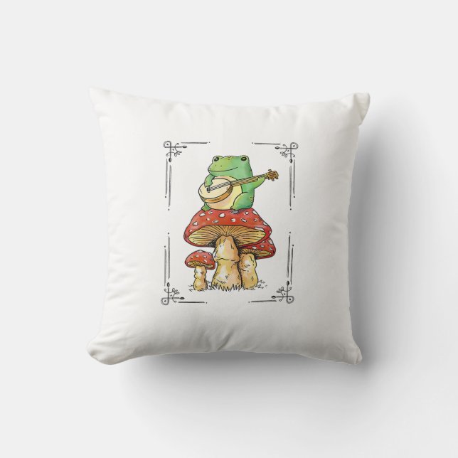 Mushroom Frog Goblincore Mycology Artistic Design Cushion (Front)