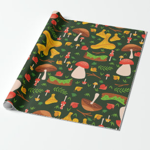 mushroom fungi forest snails woodland green wrapping paper