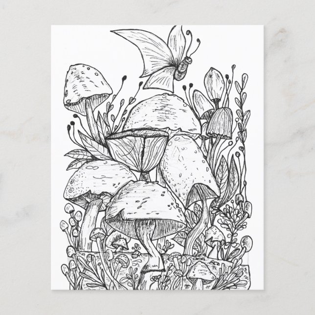 Mushroom Garden Butterfly Colouring Page (Front)