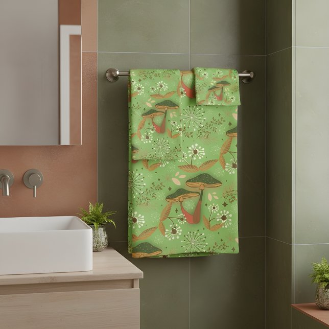 Mushroom Garden Green Bath Towel Set (Creator Uploaded)