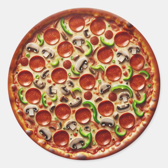 Mushroom, Green Peppers and Pepperoni Pizza Classic Round Sticker (Front)