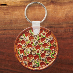 Mushroom, Green Peppers and Pepperoni Pizza Key Ring