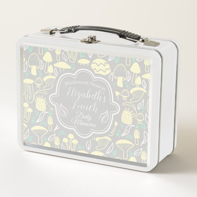 Mushroom Grey Cream Metal Lunch Box (Front)