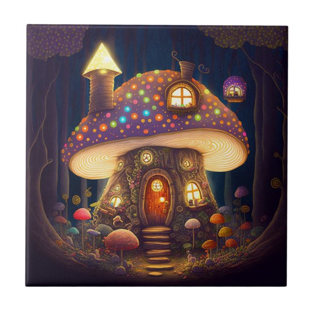 Mushroom House Fantasy Art Ceramic Tile (Front)