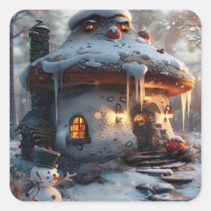 Mushroom house in the snow square sticker